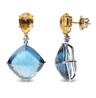 18K White and Yellow Gold 1/6 Cttw Diamond with Pear Cut Yellow Citrine and 20mm Cushion Cut Blue Topaz Gemstone Dangle Earrings (G-H Color, SI1-SI2 Clarity) - Stormyjay