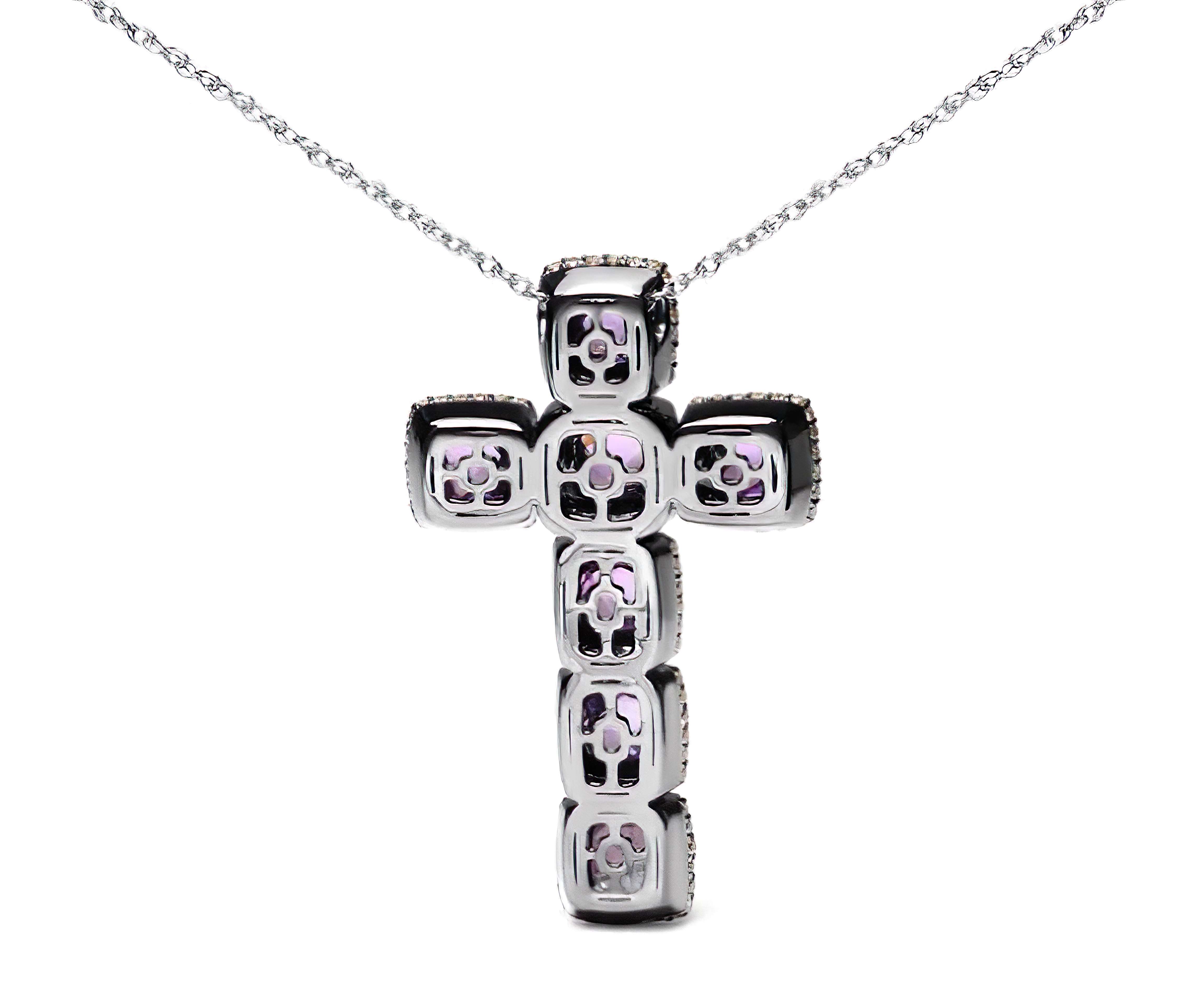 Black Rhodium Plated 18K Rose Gold 1 1/2 Cttw Brown Pave Diamonds and Cushion Cut Rose De France Amethyst Halo Cross 18" Pendant Necklace (Brown Color, SI1-SI2 Clarity) - Stormyjay