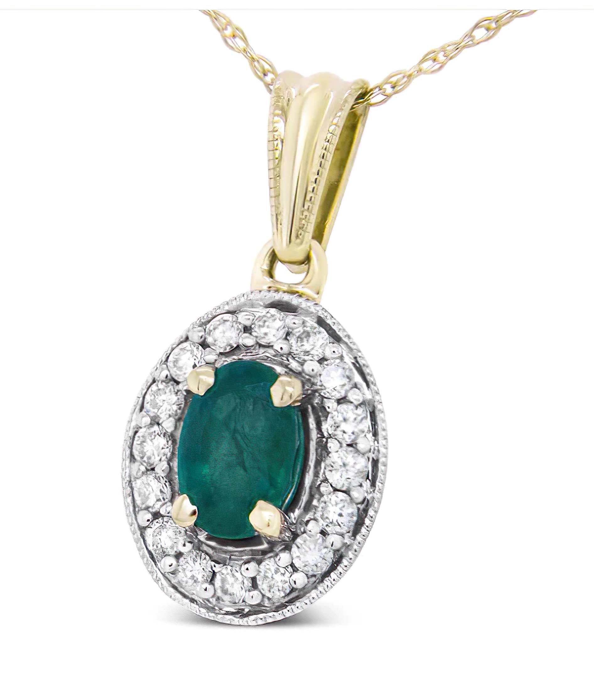 14K Yellow Gold 6x4mm Emerald and 1/5 Cttw Round Diamond Halo Pendant 18" Necklace - (H-I Color, SI1-SI2 Clarity) - Stormyjay