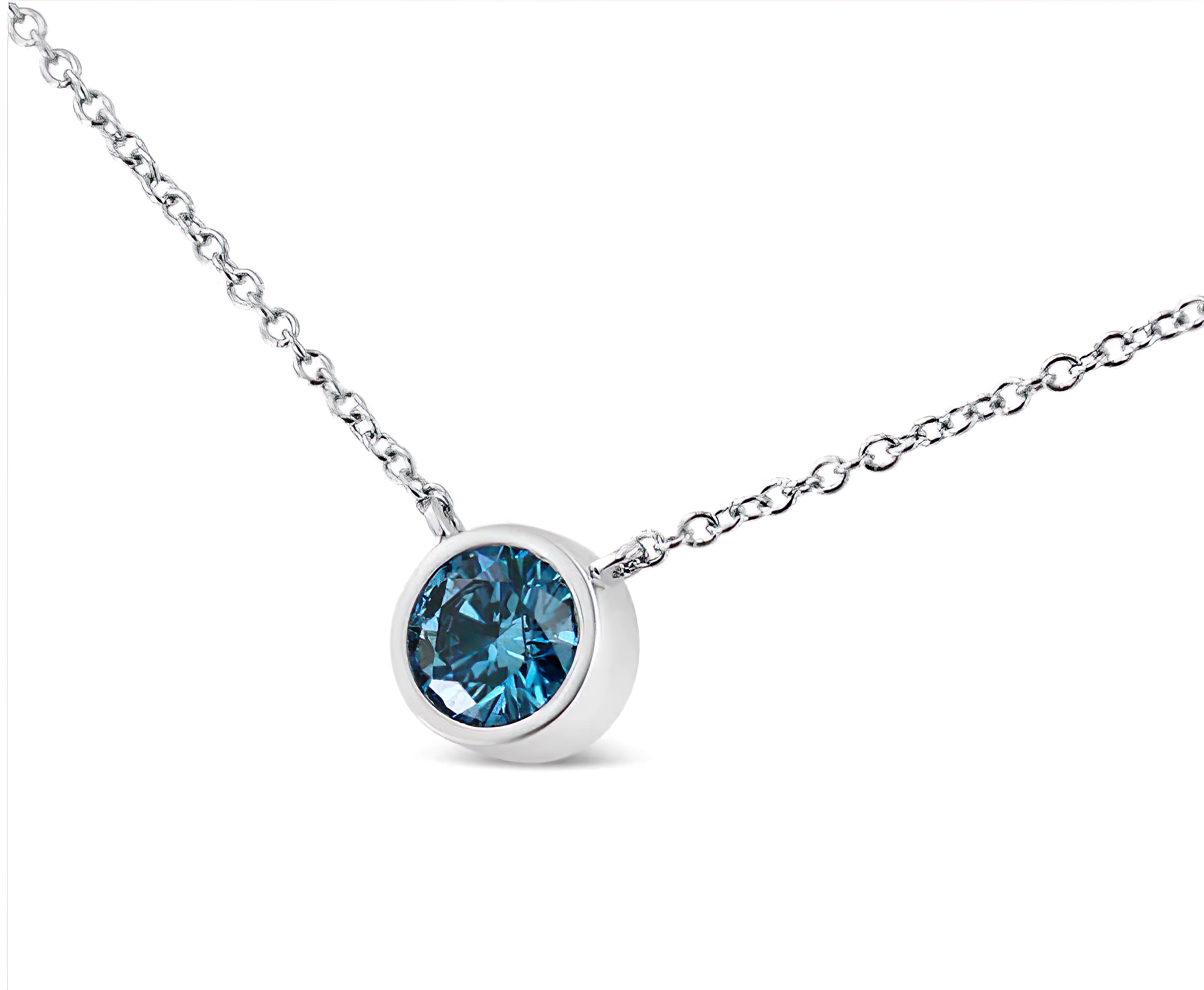 14K White Gold 1/2 Cttw Blue Lab Grown Diamond Modern Bezel-Set Solitaire 16"-18" Pendant Necklace (Blue Color, VS2-SI1 Clarity) - Stormyjay