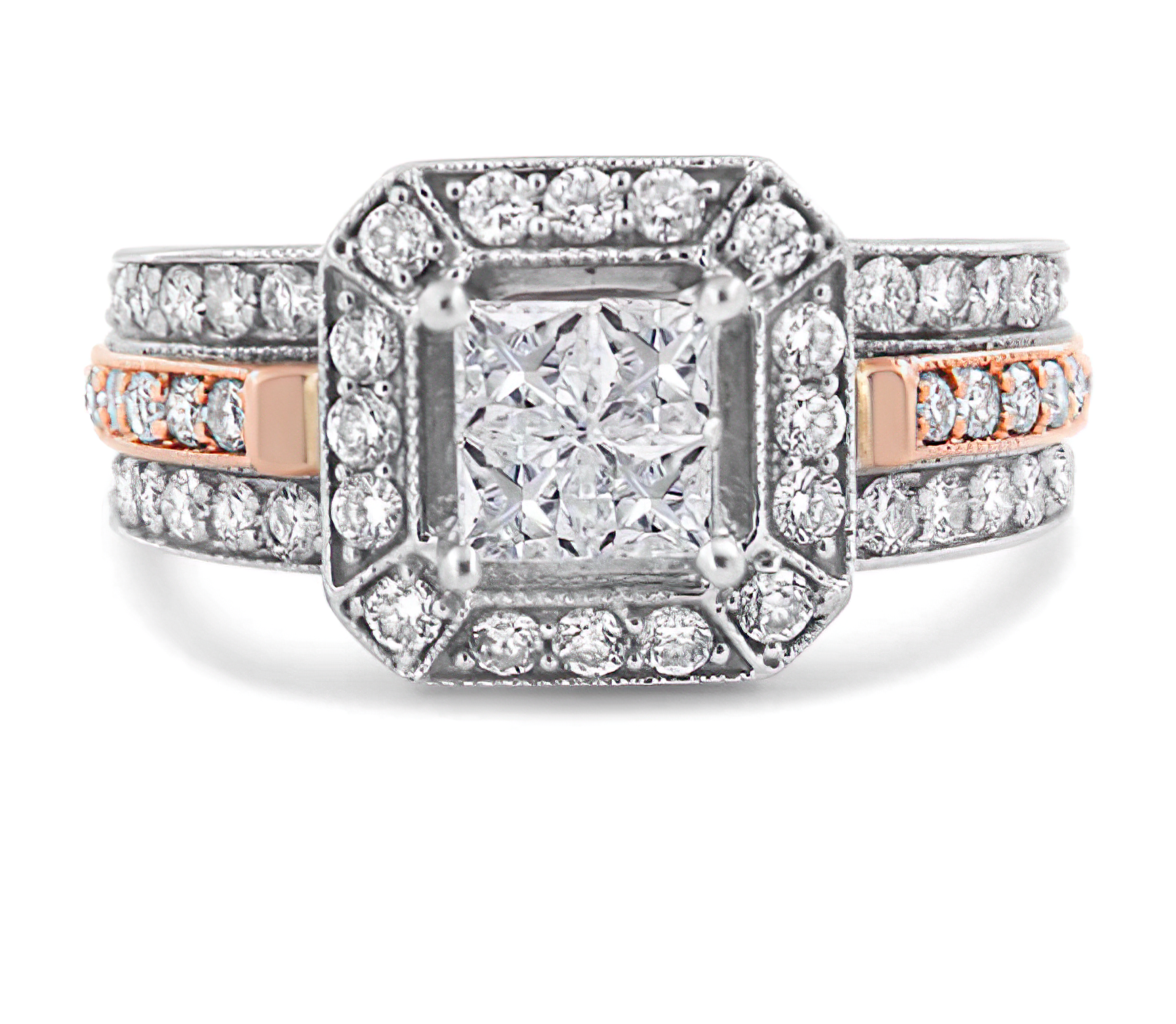 14K White and Rose Gold 1 1/8 Cttw Princess and Round-Cut Diamond Art Deco Style Triple Shank Halo Cocktail Ring (I-J Color, SI2-I1 Clarity) - Stormyjay