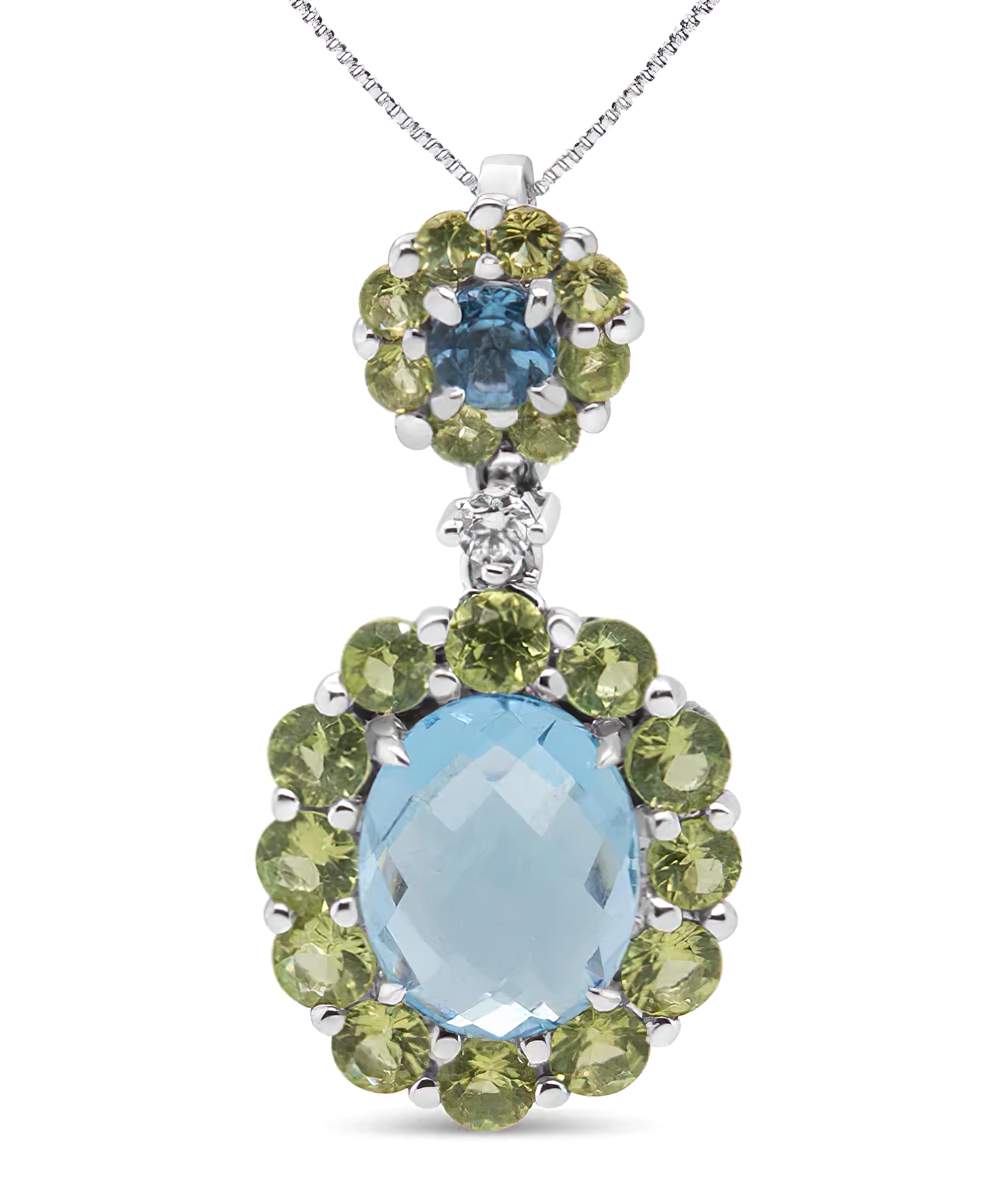 18k White Gold 0.05 Cttw Round Diamond and Blue Topaz and Green Peridot Gemstone Halo Drop 18" Pendant Necklace (F-G Color, VS1-VS2 Clarity) - Stormyjay