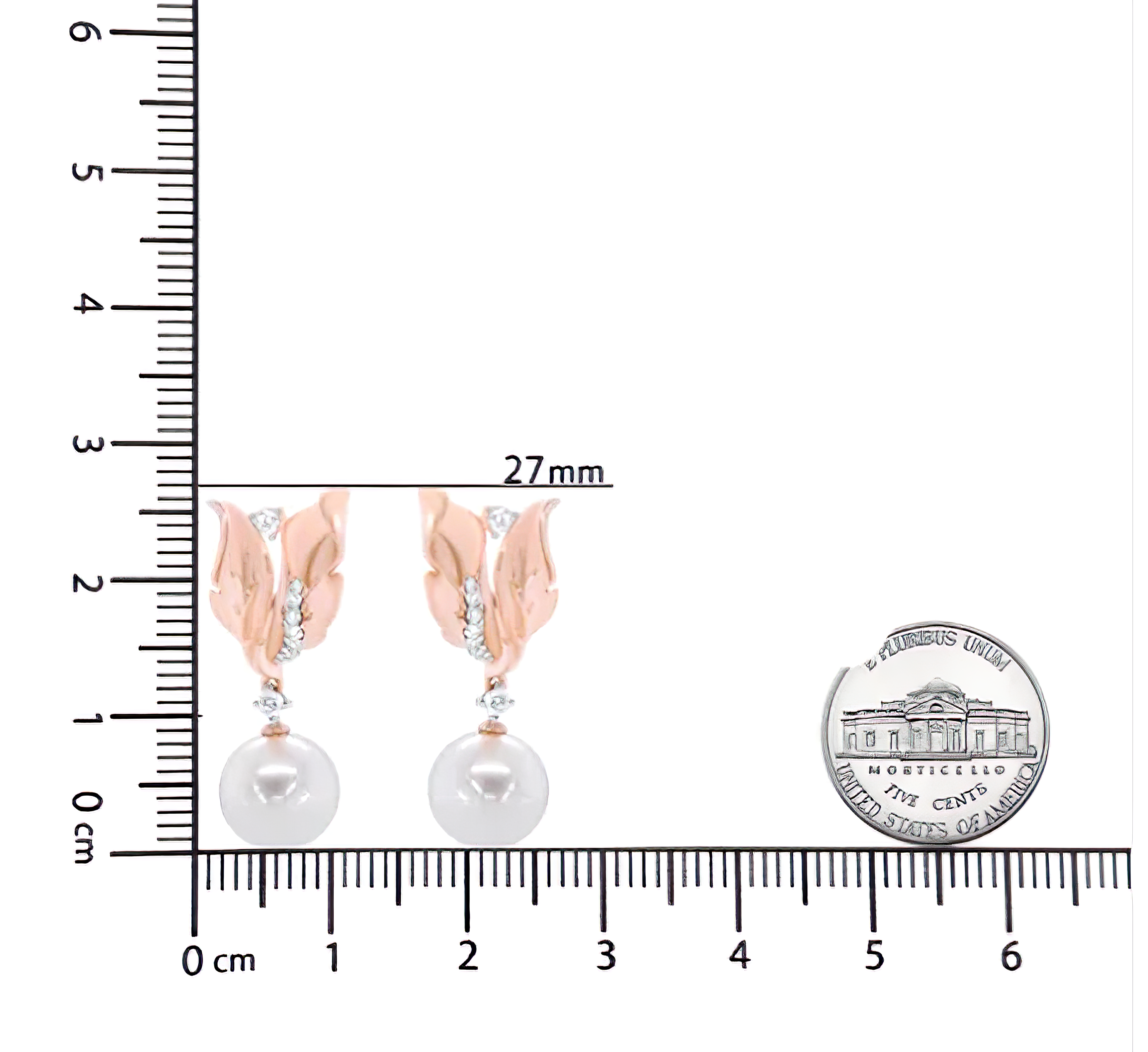 14K Rose Gold 1/6 Cttw Round Diamond and 8mm Round Pearl Floral Drop Stud Earrings (H-I Color, I1-I2 Clarity) - Stormyjay