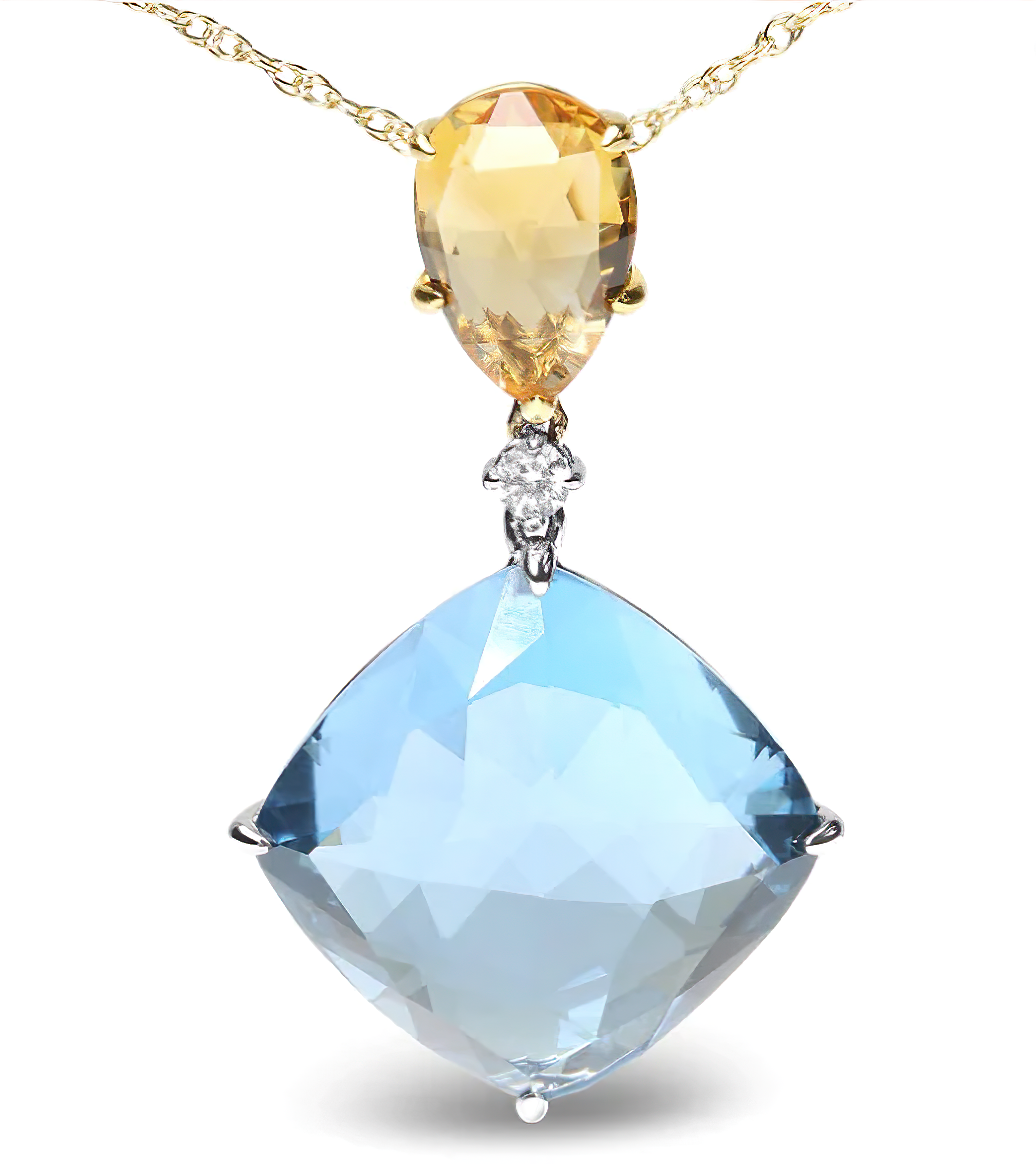 18K White and Yellow Gold Diamond Accent and Pear Cut Lemon Quartz and Cushion Cut London Blue Topaz Gemstone Dangle Drop 18" Pendant Necklace (G-H Color, SI1-SI2 Clarity) - Stormyjay