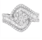 14K White Gold 1.0 Cttw Baguette & Brilliant-Cut Diamond Round Floral Cluster Engagement or Fashion Ring with Swirl Wrapped Triple Row Band (H-I Color, SI2-I1 Clarity) - Stormyjay