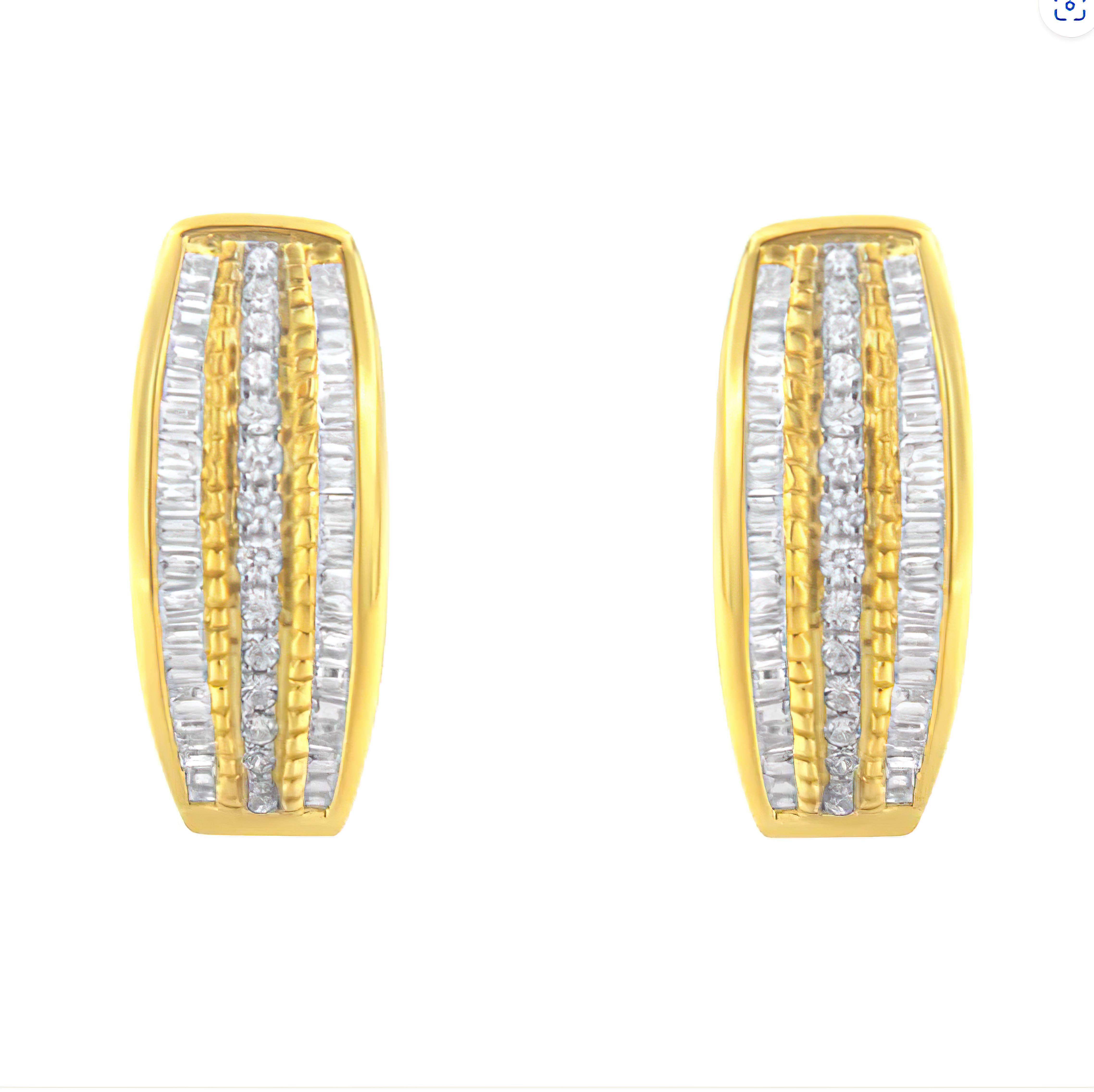 10K Yellow Gold 3/4 Cttw Pave and Channel Set Diamond Triple Row Modern Hoop Earrings (I-J Color, I2-I3 Clarity) - Stormyjay