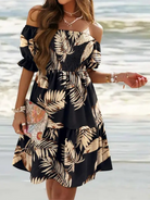 Printed Off the Shoulder Ruffle Pleated Dress HWUDKUPMLN - Stormyjay