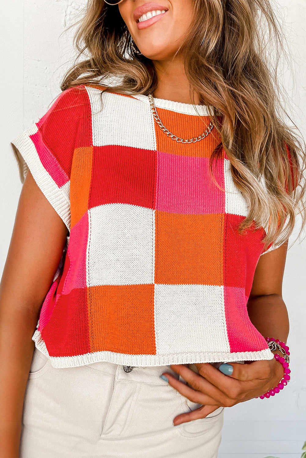 Grapefruit Orange Checkered Color Block Cap Sleeve Knitted Top - Stormyjay