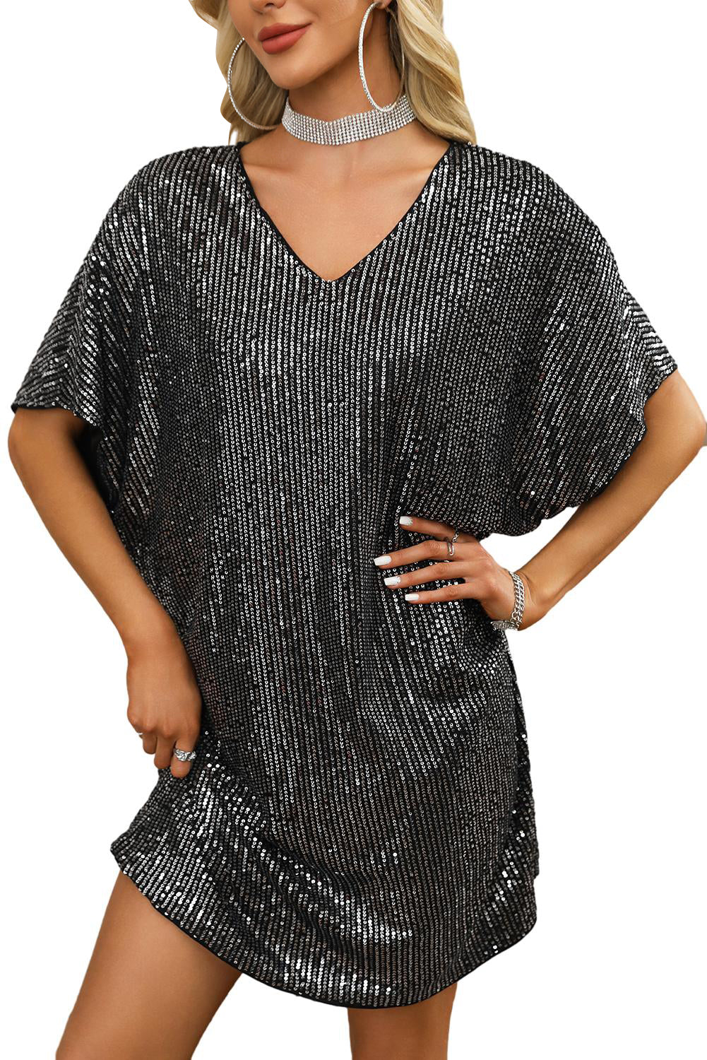 Dark Grey Sequin V Neck Dolman Sleeve Shift Dress - Stormyjay