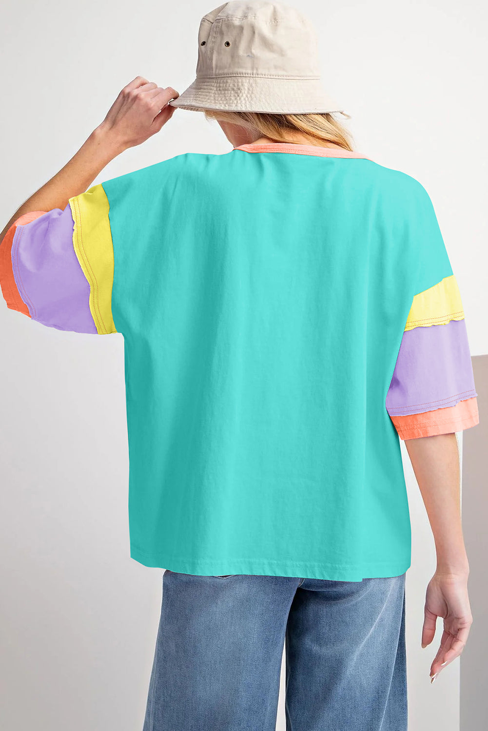 Green Color Block Sleeve Round Neck Oversize Top - Stormyjay