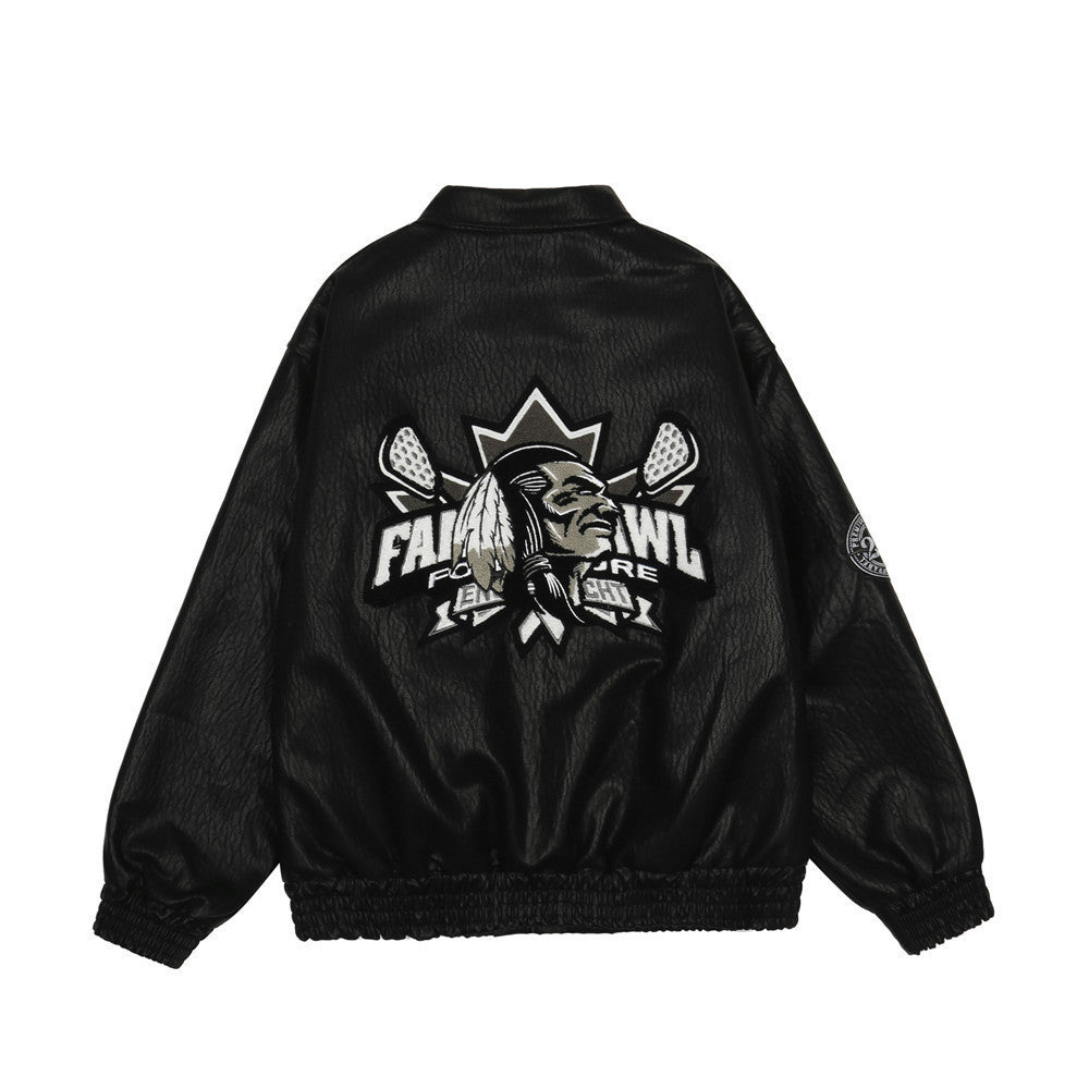 Cartoon Embroidered PU Leather Cotton Jacket Men - Stormyjay