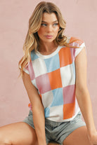 Grapefruit Orange Checkered Color Block Cap Sleeve Knitted Top - Stormyjay