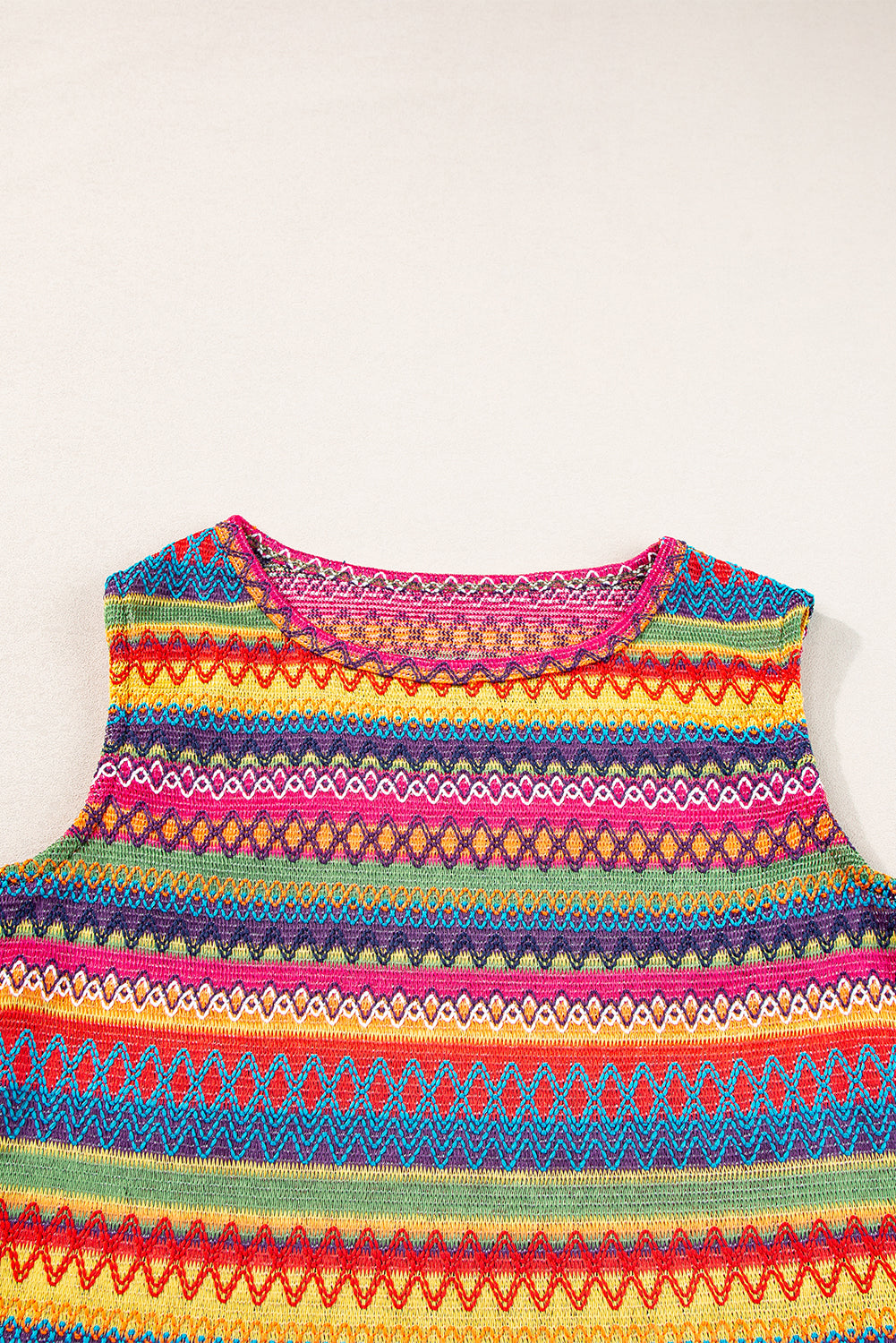 Yellow Ethnic Wavy Pattern Round Neck Sleeveless Top - Stormyjay