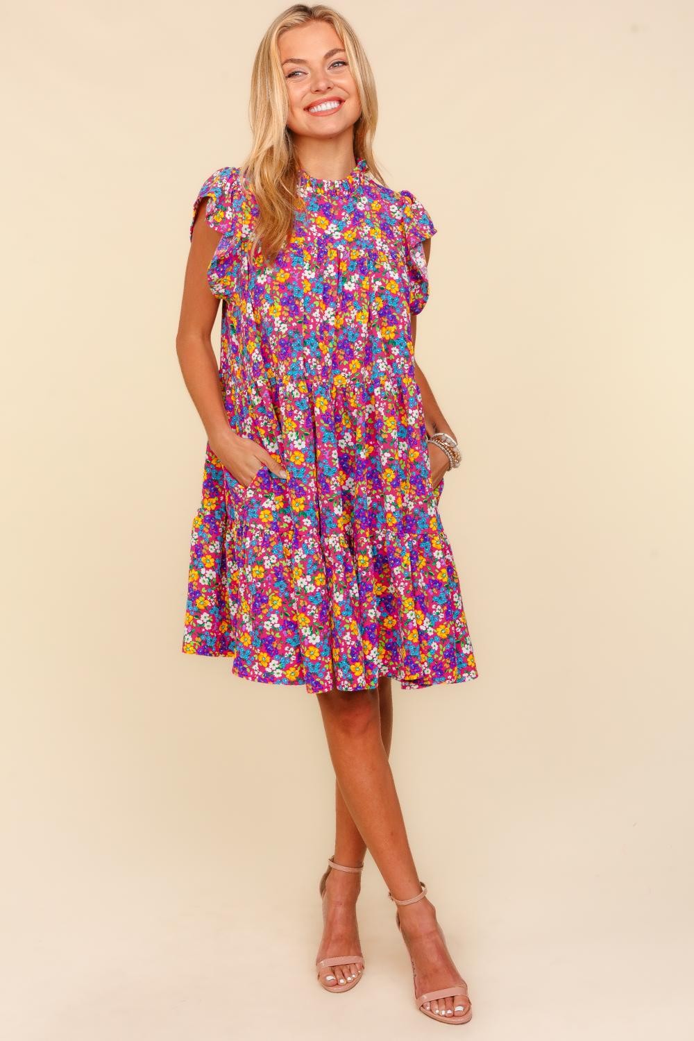 Haptics Frilled Mock Neck Ditsy Floral Dress - Stormyjay