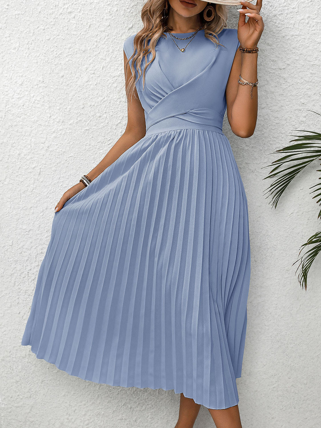 Pleated Round Neck Cap Sleeve Dress - Stormyjay