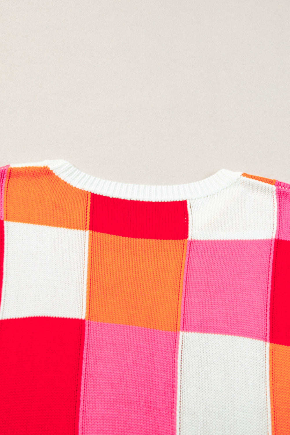 Grapefruit Orange Checkered Color Block Cap Sleeve Knitted Top - Stormyjay