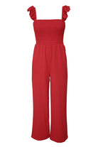 Apricot Smocked Ruffle Strap Pocket Wide Leg Jumpsuit - Stormyjay