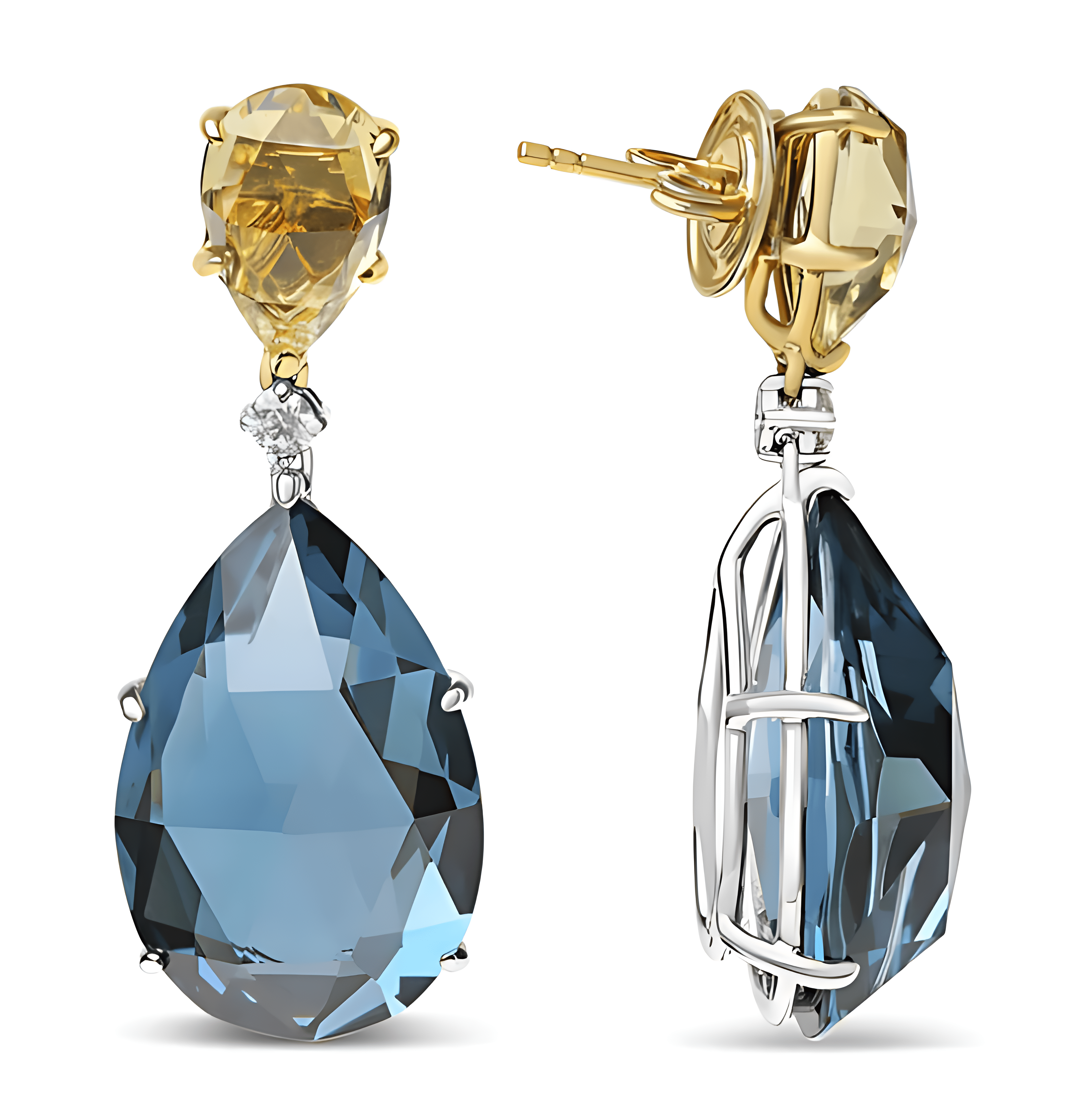 18K White and Yellow Gold 1/5 Cttw Diamond with Pear Cut Lemon Quartz and Pear Cut London Blue Topaz Gemstone Dangle Earring (G-H Color, SI1-SI2 Clarity) - Stormyjay