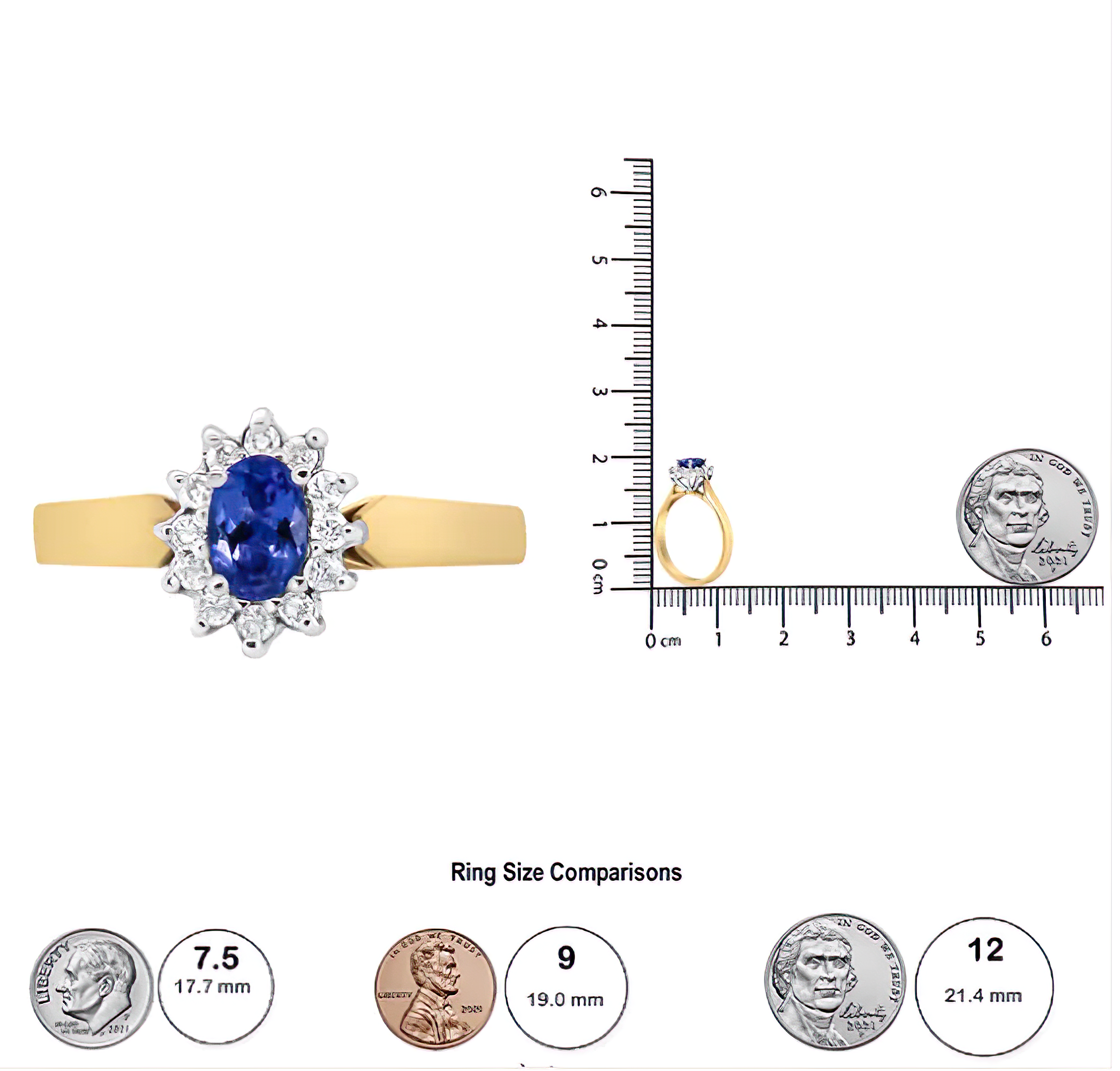 14K Yellow Gold 1/5 Cttw Round Diamond and 6x4mm Oval Blue Tanzanite Halo Ring (H-I Color, I1-I2 Clarity) - Size 7.75 - Stormyjay