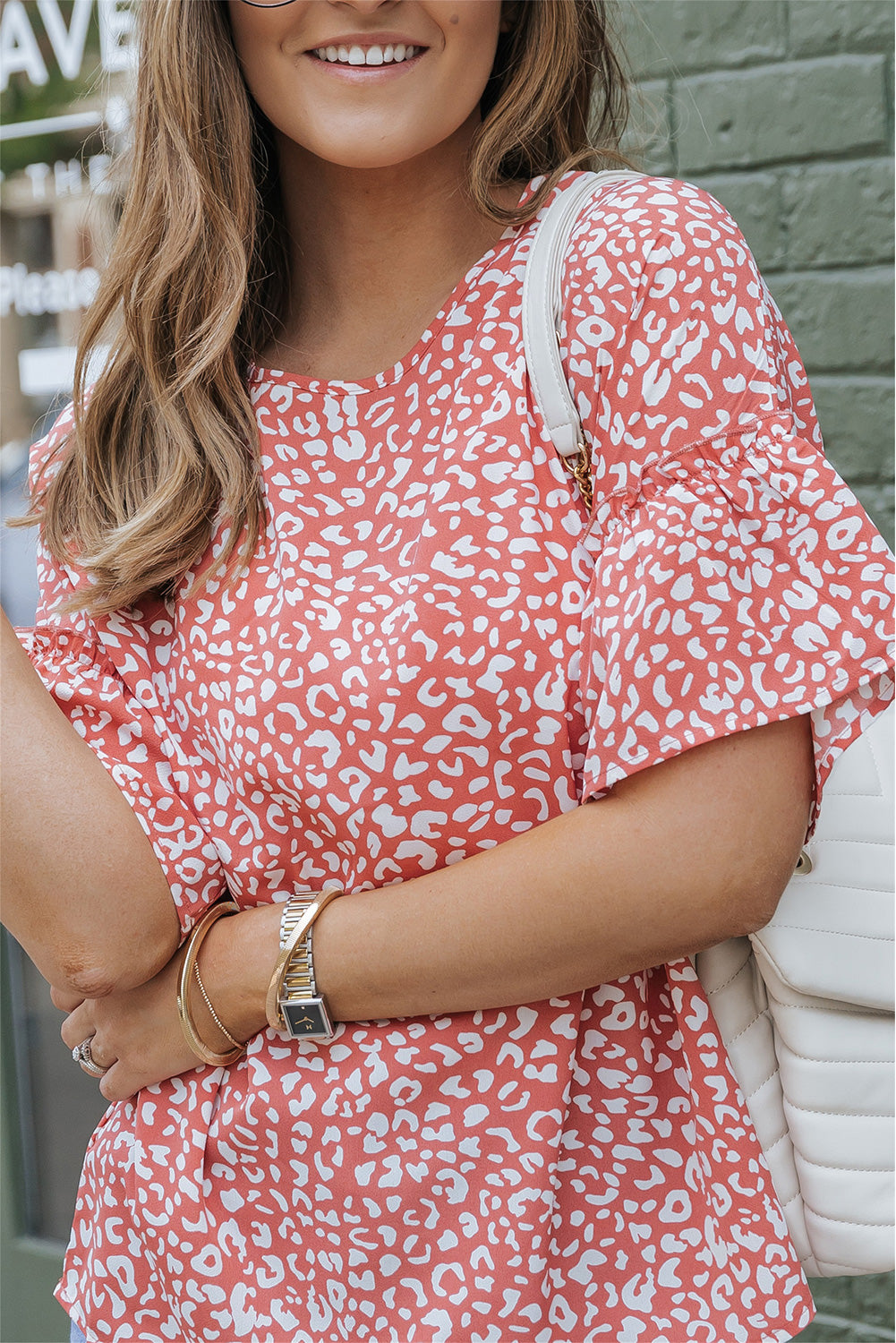 Pink Leopard Print Casual Flounce Sleeve Blouse for Women - Stormyjay