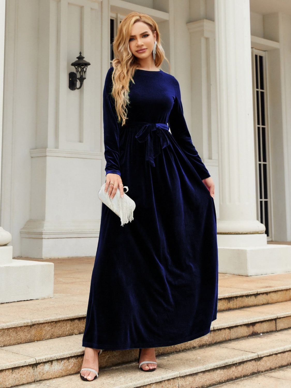 Tie Front Round Neck Long Sleeve Maxi Dress - Stormyjay