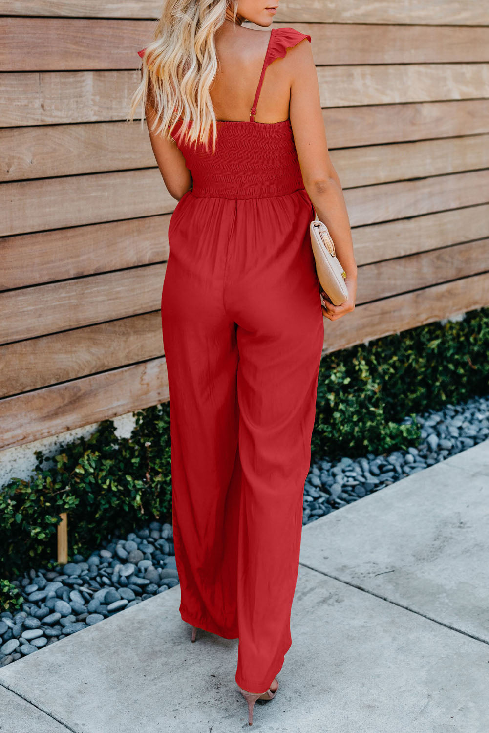 Apricot Smocked Ruffle Strap Pocket Wide Leg Jumpsuit - Stormyjay