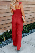 Apricot Smocked Ruffle Strap Pocket Wide Leg Jumpsuit - Stormyjay