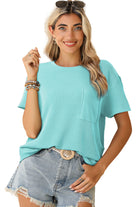 Turquoise Ribbed Knit Pocketed Loose Fit Crew Neck T Shirt - Stormyjay