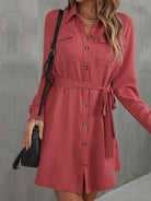 Button Down Belted Long Sleeve Shirt Dress - Stormyjay