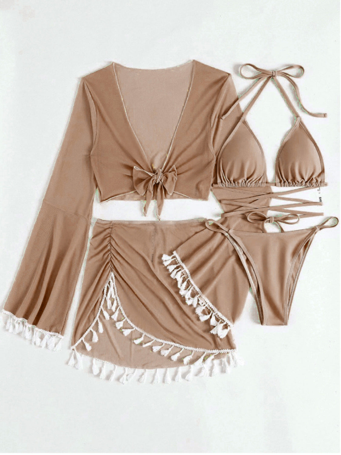 Halter Neck Bra, Bottom, Tassel Flare Sleeve Cover-Up and Skirt Four-Piece Swim Set - Stormyjay