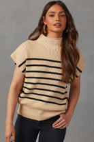 Parchment Striped Knit Mock Neck Short Sleeve Sweater - Stormyjay