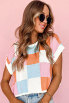 Grapefruit Orange Checkered Color Block Cap Sleeve Knitted Top - Stormyjay