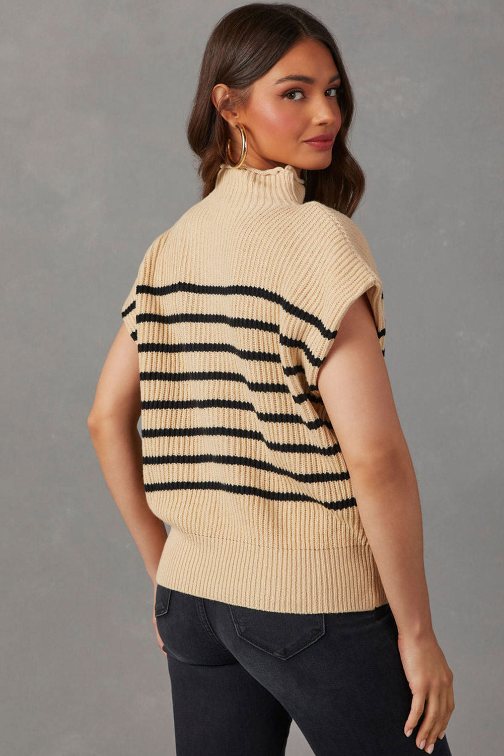 Parchment Striped Knit Mock Neck Short Sleeve Sweater - Stormyjay