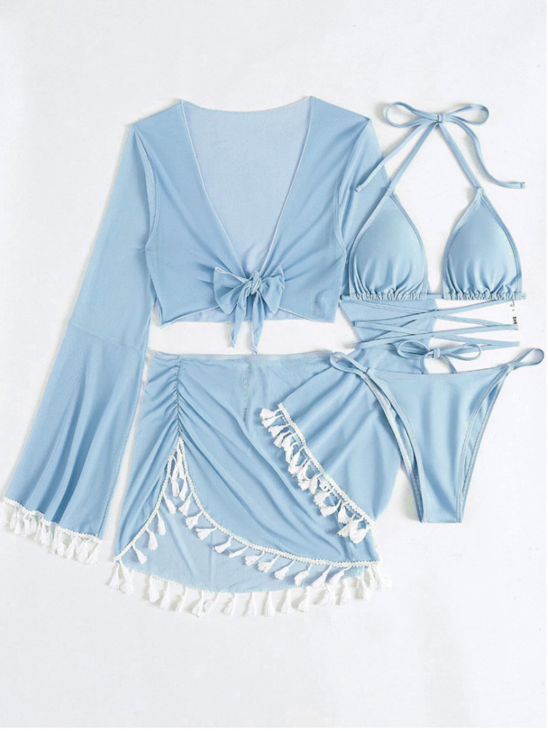 Halter Neck Bra, Bottom, Tassel Flare Sleeve Cover-Up and Skirt Four-Piece Swim Set - Stormyjay