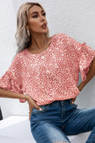 Pink Leopard Print Casual Flounce Sleeve Blouse for Women - Stormyjay