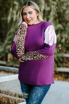 Purple Color Block Leopard Striped Sleeve Plus Size Top - Stormyjay