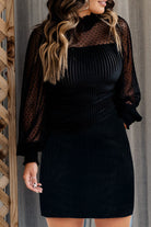 Black Dotted Mesh Striped Frilled Neck Bubble Sleeve Dress - Stormyjay