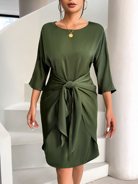 Women's Tie Front Round Neck Half Sleeve Midi Dress HY33V8NYL9 - Stormyjay