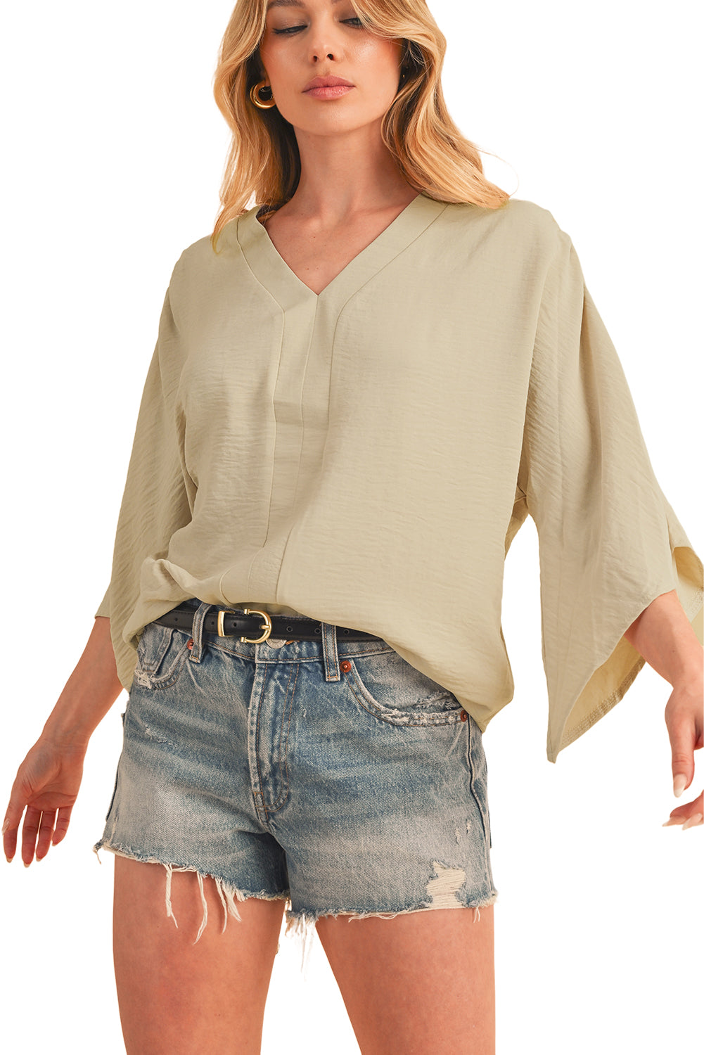 Parchment Solid Color Crinkled V Neck Ruffled Sleeve Blouse - Stormyjay