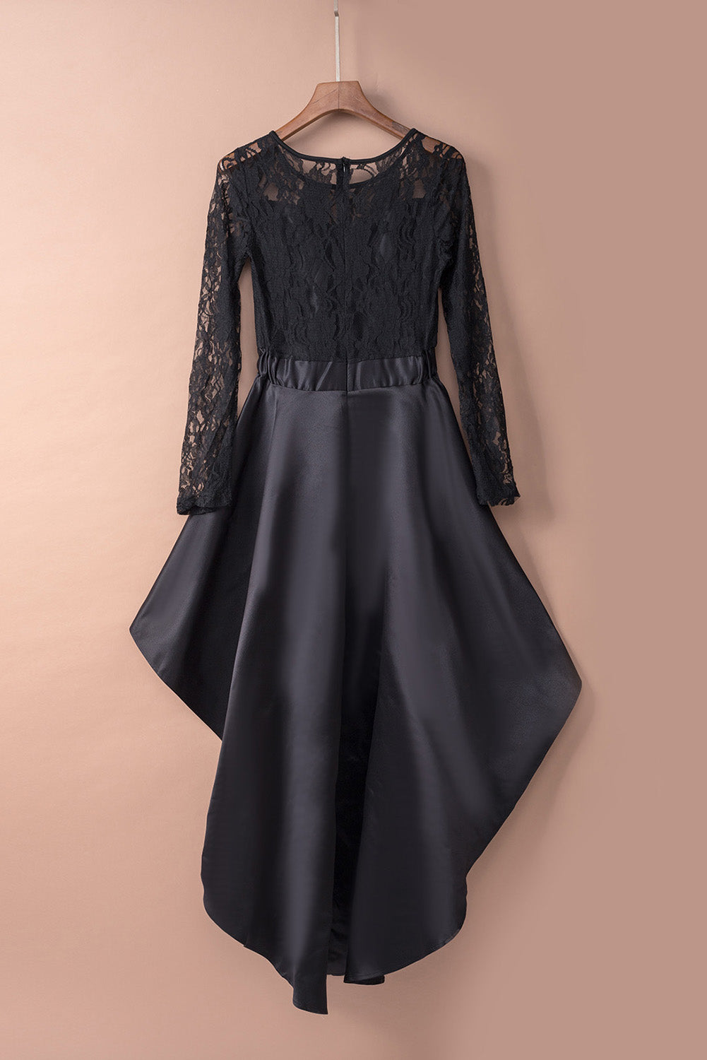 Black Long Sleeve Lace High Low Satin Prom Dress - Stormyjay