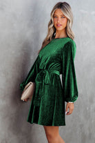 Green Crinkle Velvet Tie Waist Puff Sleeve Mini Dress - Stormyjay