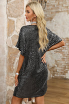 Dark Grey Sequin V Neck Dolman Sleeve Shift Dress - Stormyjay