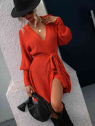 Belted Surplice Lantern Sleeve Wrap Sweater Dress - Stormyjay