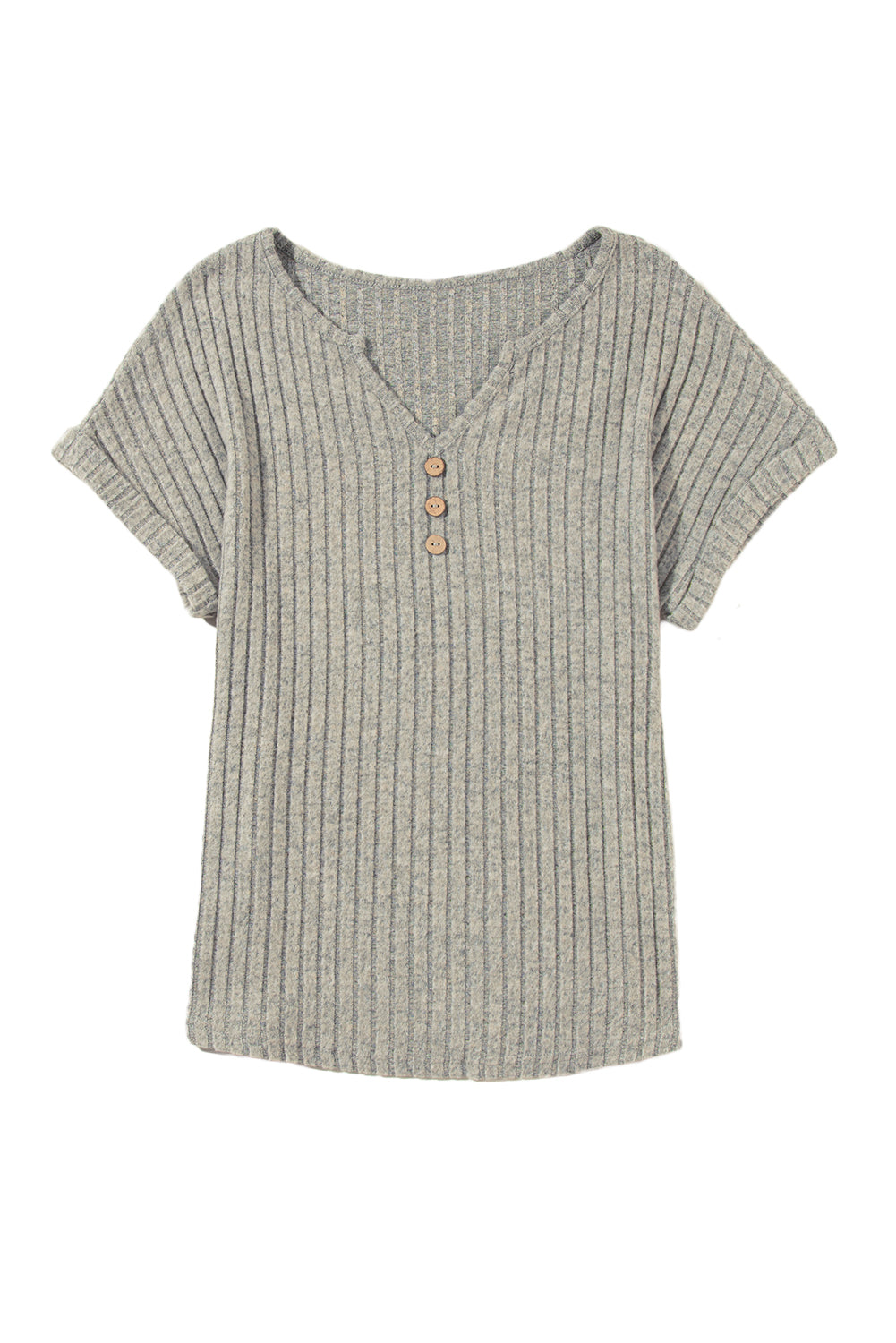 Parchment Ribbed Notched V Neck Button Decor T shirt - Stormyjay