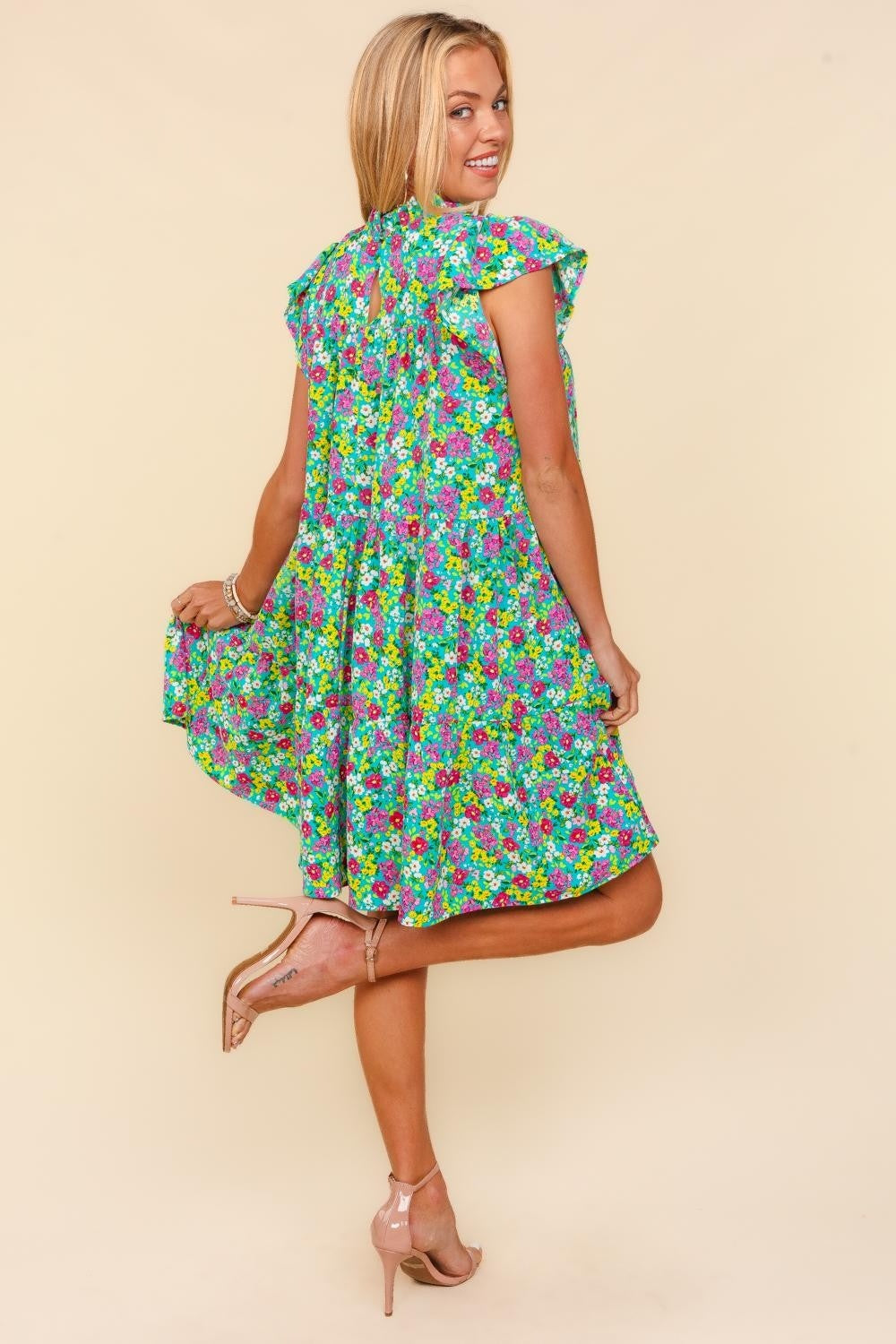 Haptics Frilled Mock Neck Ditsy Floral Dress - Stormyjay