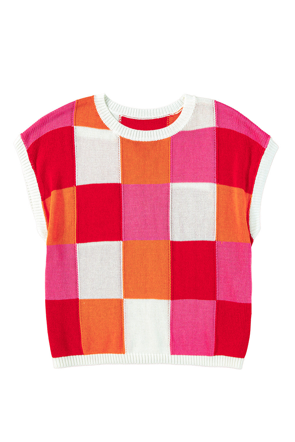 Grapefruit Orange Checkered Color Block Cap Sleeve Knitted Top - Stormyjay