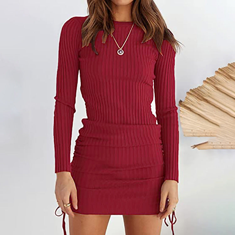 Women's Fall And Winter Fashion Casual Pleated Decorative Drawstring Knit Mid-waist Long-sleeved Dresses - Stormyjay