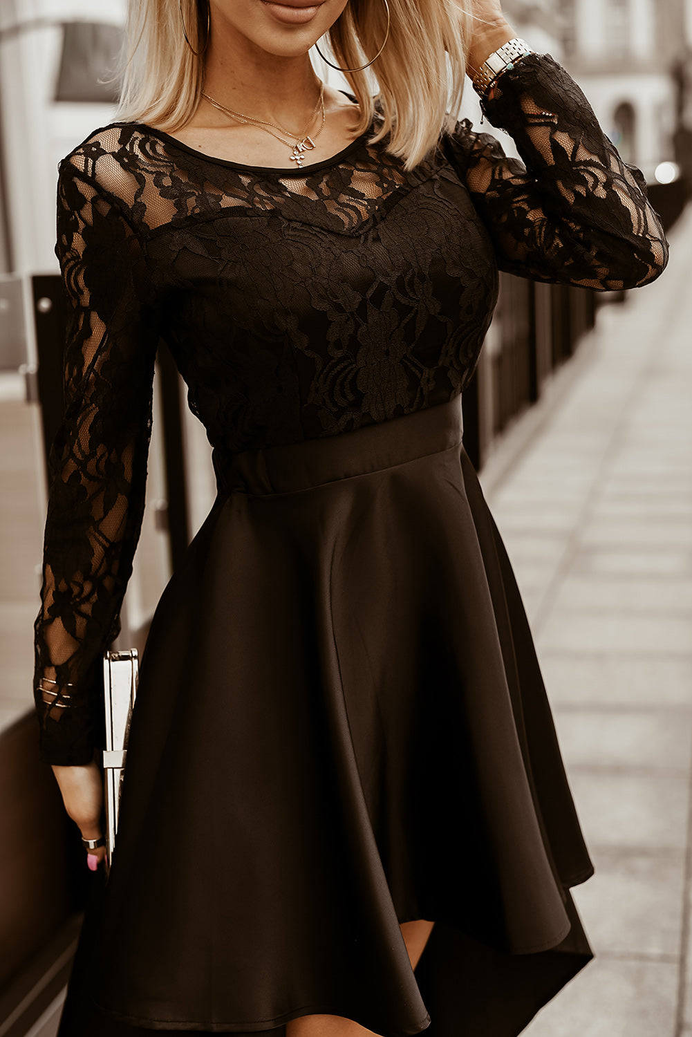 Black Long Sleeve Lace High Low Satin Prom Dress - Stormyjay