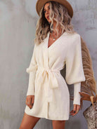 Belted Surplice Lantern Sleeve Wrap Sweater Dress - Stormyjay