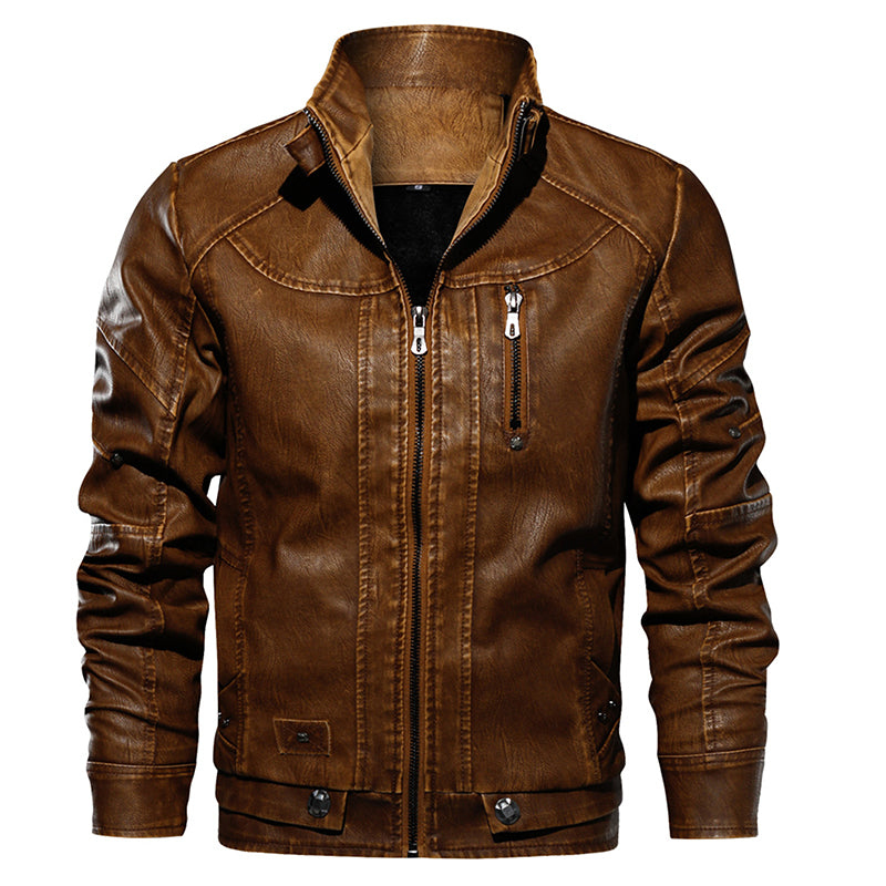 Men PU Leather Jacket Thick Motorcycle Leather Jacket Fashion Vintage Fit Coat - Stormyjay